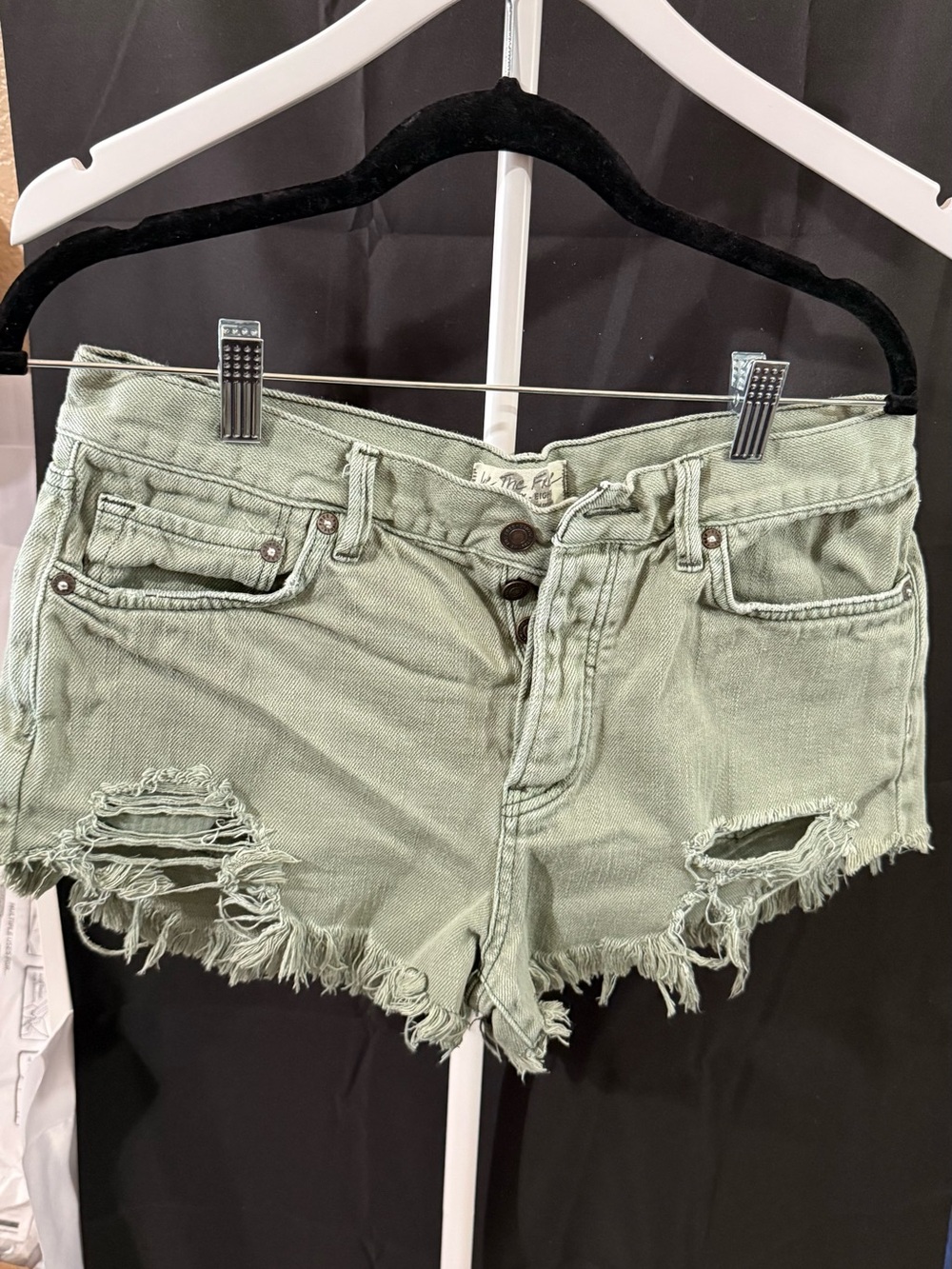 We The Free Sage Green Distressed Denim Cutoff Shorts